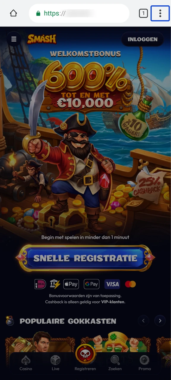 Tik op de browseropties rechtsboven tijdens uw bezoek aan Smash.