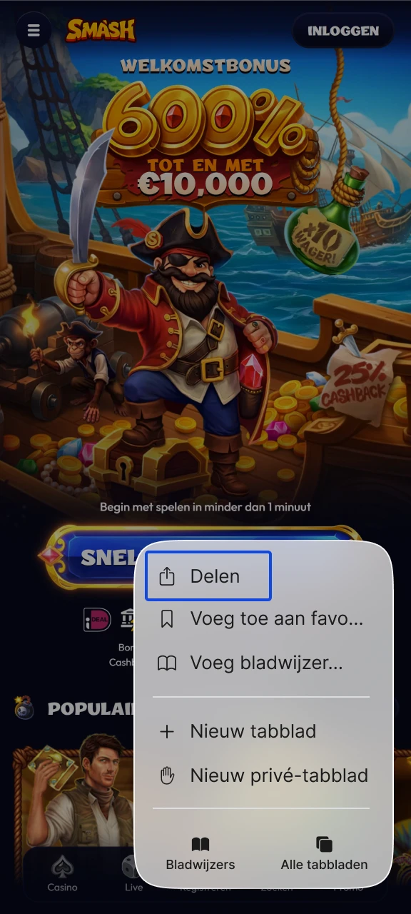 Gebruik de deelfunctie in uw mobiele browser op de Smash website.