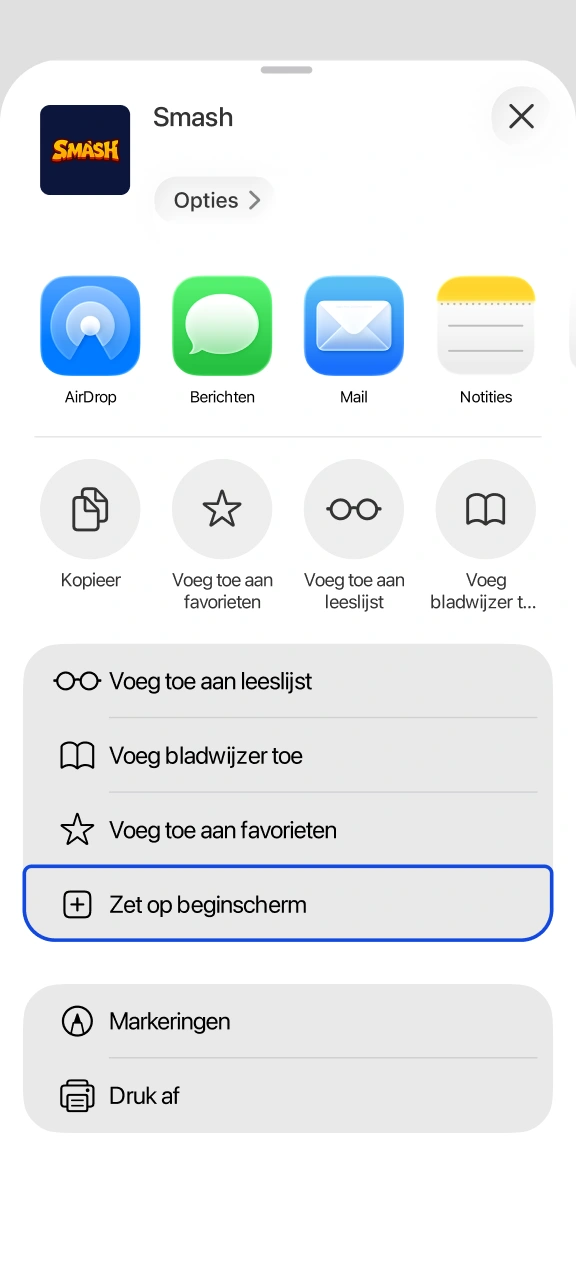 Plaats het handige Smash icoon permanent op uw mobiele startscherm.