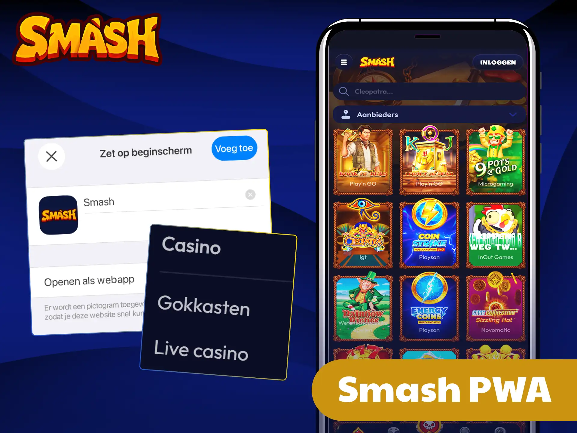 Start direct met mobiel spelen via de snelle Smash PWA app.