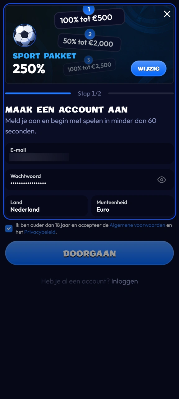 Selecteer uw gewenste welkomstbeloning en vul uw persoonlijke velden in bij Smash.