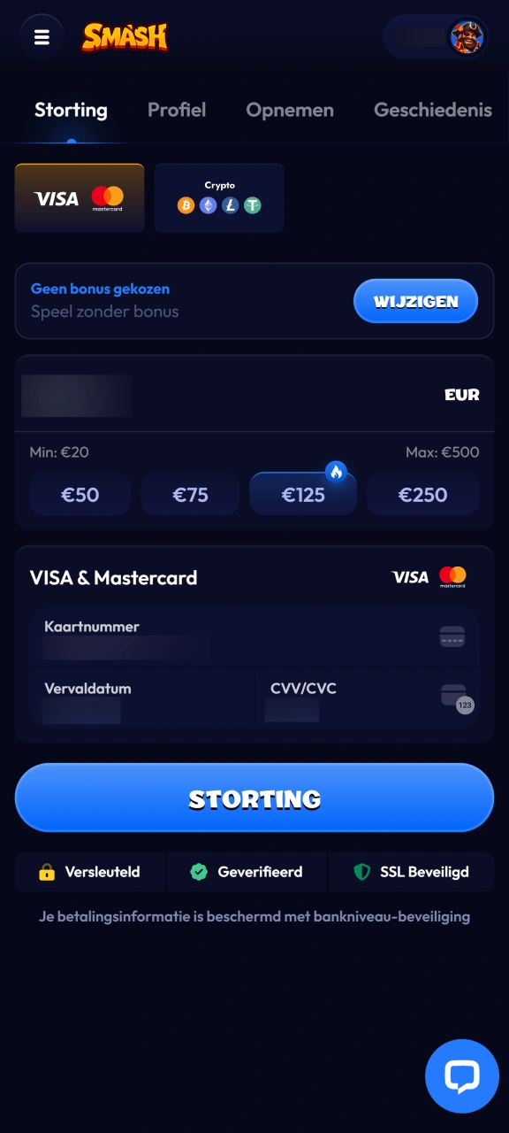 Voltooi uw inschrijving en waardeer uw saldo op het Smash platform op.