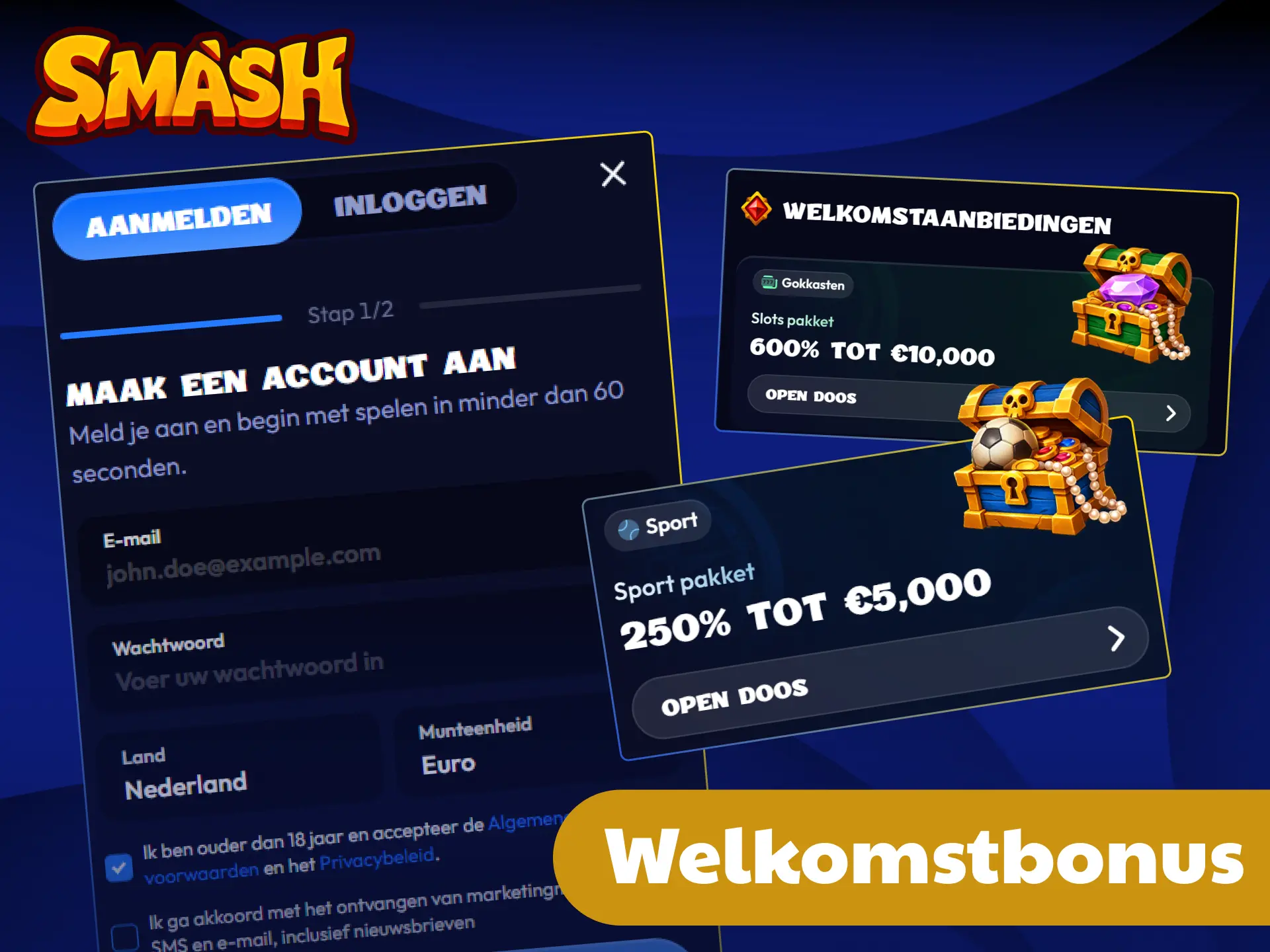 Meld u aan en activeer een gulle welkomstbeloning bij Smash.